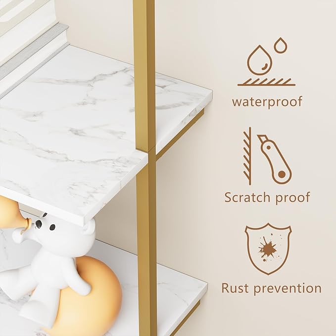 aboxoo Ladder Shelf White Marble Bookshelf 5-Tier Wall-Mounted Wood Rack - Image 8