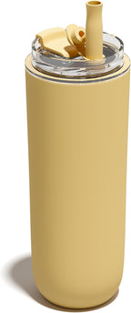 16 oz Insulated Coffee Tumblers, Travel Coffee Tumblers with Straw, Double-Wall Stainless Steel Tumbler, Leak Proof Tumbler, Reusable Cups with Lids for lced and Hot Drinks (Yellow)