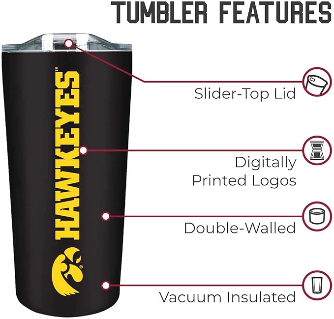 Campus Colors NCAA Stainless Steel Tumbler perfect for Gameday - 18 oz - Double Walled - Keeps Drinks Perfectly Insulated (Iowa Hawkeyes - Black)