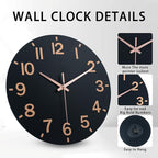 HZDHCLH Wall Clock 10 Inch Silent Non Ticking Wood Battery Operated Black - Image 2