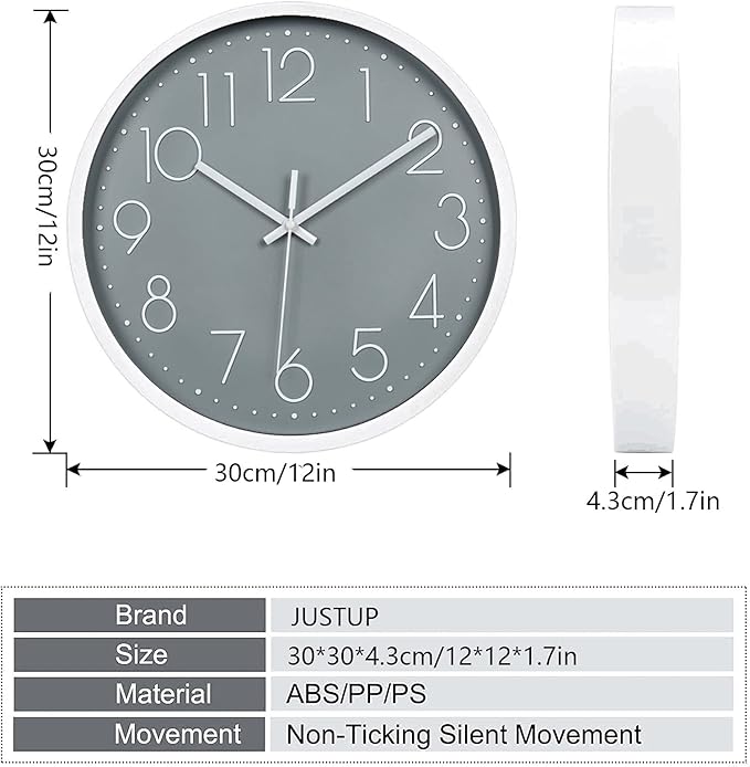 JUSTUP 12in Non-Ticking Wall Clock, Silent Battery Operated Wall Clock - Image 5