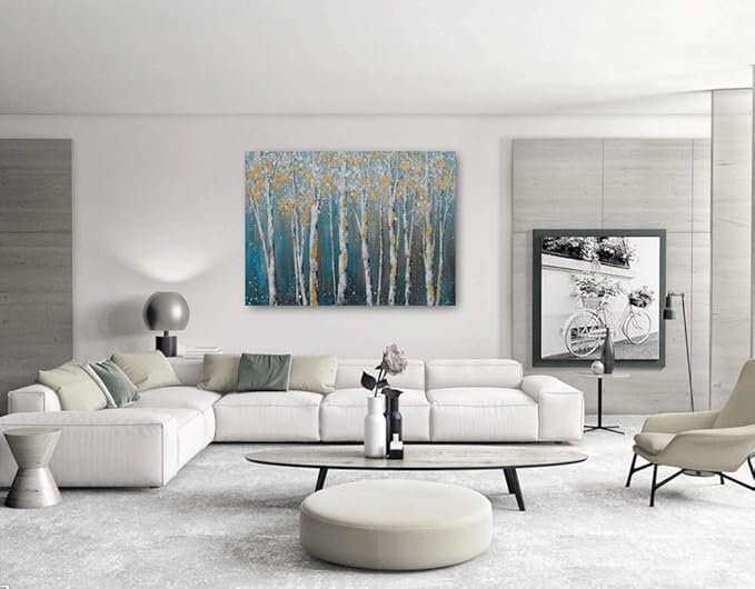 Yihui Arts Birch Tree Canvas Wall Art Hand Painted Teal and White Color Painting - Image 5