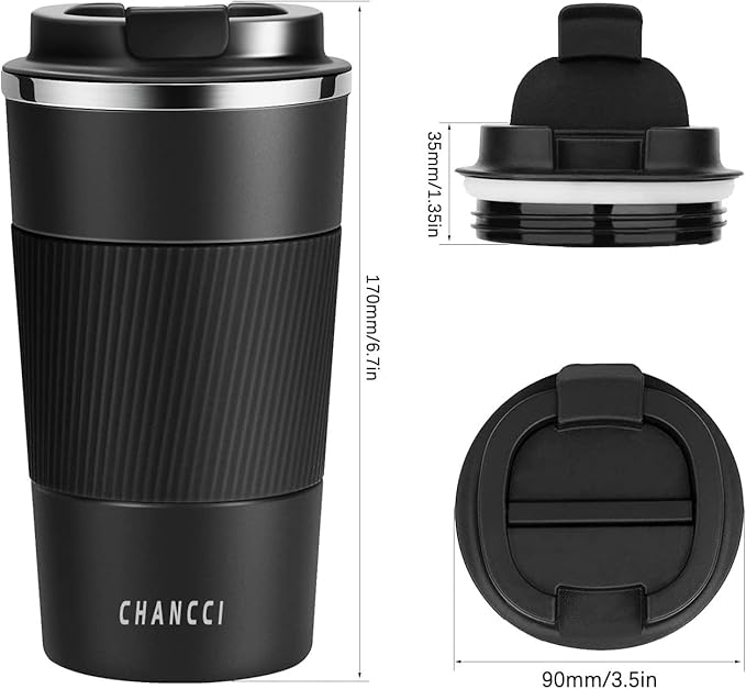 16oz Travel Coffee Mug Spill Proof, Insulated Coffee Mug with Lid, Leakproof Coffee Tumbler,Stainless Steel Vacuum Coffee Cup for Hot/Cold Drinks, Reusable Coffee Cup for Men Women -510ml,Black