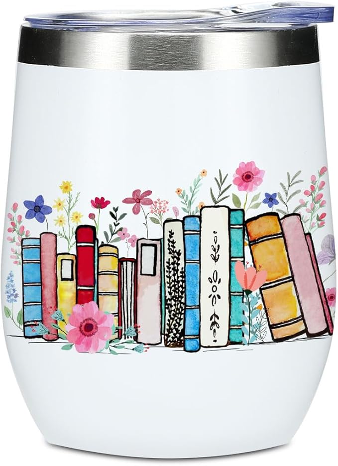 Wine Tumbler, 12 oz Coffee Mug Travel Insulated Cup Vacuum Wine Glass with Lid, Book Lovers Gifts Birthday Christmas Appreciation Reading Book Accessories Bookish Librarian Gifts for Women Boss Leader