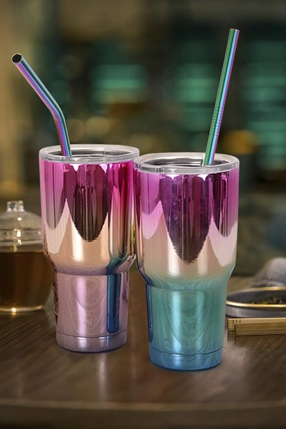 Hiware 12-Pack Rainbow Metal Straws Reusable with Case - Stainless Steel Drinking Straws for 30oz and 20oz Tumblers Dishwasher Safe, 2 Brushes Included