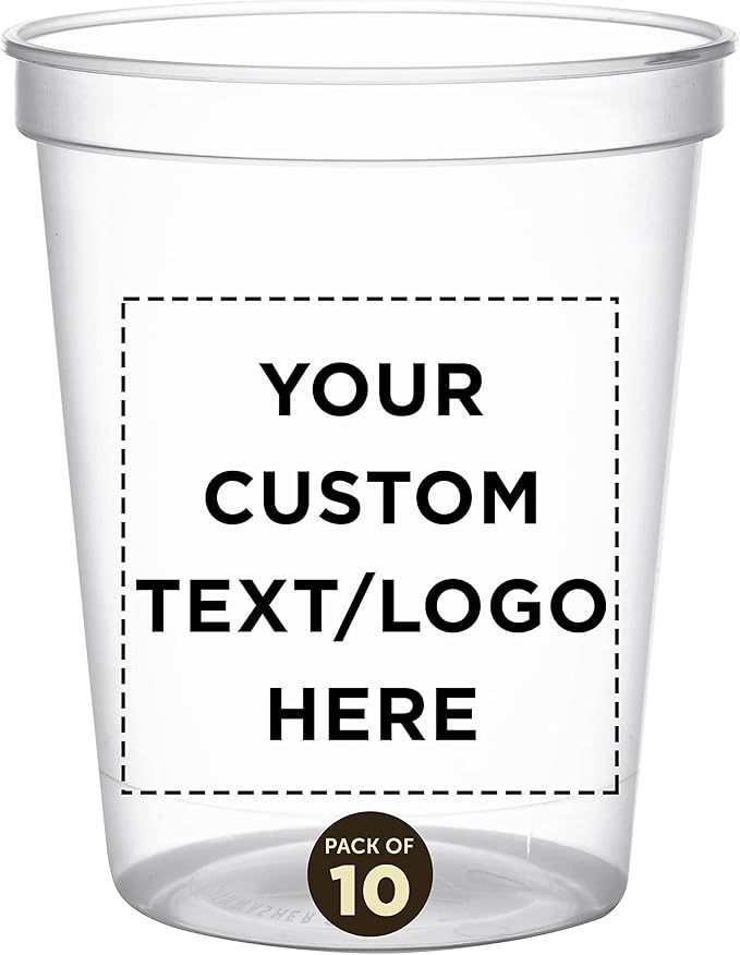 DISCOUNT PROMOS Custom Plastic Stadium Cups 16 oz. Set of 10, Personalized Bulk Pack - Perfect for Birthdays, Weddings, Picnic, Beach, Parties - Clear