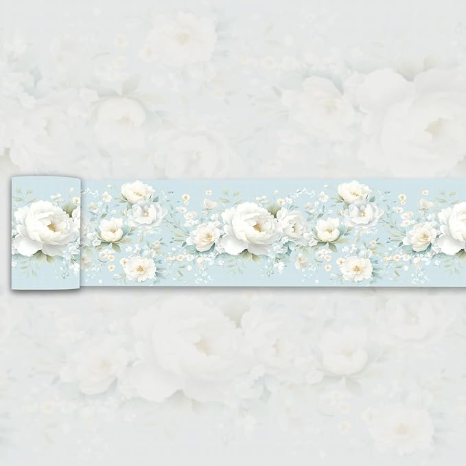 3D Floral Wallpaper Border White Peony Peel and Stick Light Blue Wall Border by WEISENI
