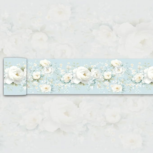 3D Floral Wallpaper Border White Peony Peel and Stick Light Blue Wall Border by WEISENI