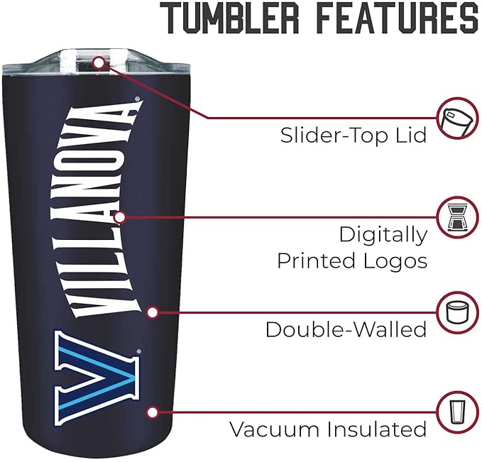 Campus Colors NCAA Stainless Steel Tumbler perfect for Gameday - 18 oz - Double Walled - Keeps Drinks Perfectly Insulated (Villanova Wildcats - Navy)