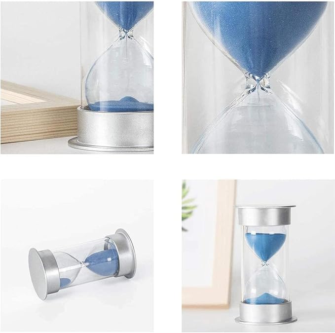 Hourglass Sand Timer 5 Minutes, Dual Protection Hour Glass with Sand, Sand Timer for Kids Safety, Sand Clock Watch, Creative Gift, Living Room Office Decorative (Silver Cover with Blue Sand)