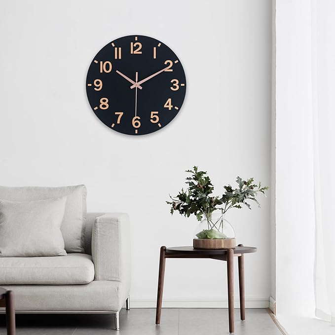 HZDHCLH Wall Clock 12 Inch Silent Non Ticking Wood Battery Operated Black - Image 9
