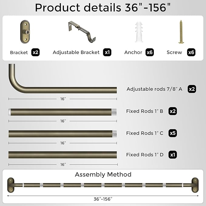 Curtain Rods 36-152 Inch, Antique Bronze Wrap Around Blackout Curtain Rods - Image 7