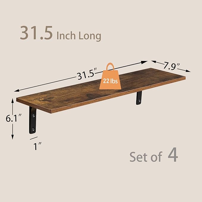 DINZI LVJ Long Wall Shelves, 31.5Inch Wall Mounted Shelves Set of 4, Extra - Image 3