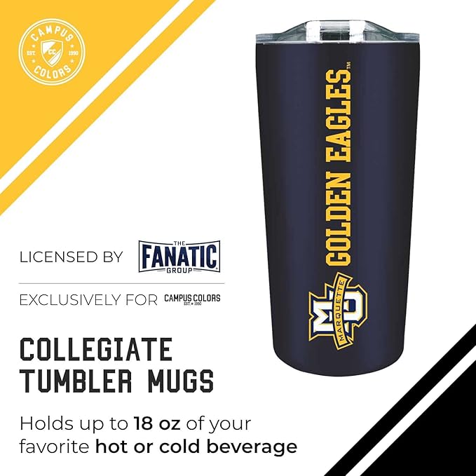 Campus Colors NCAA Stainless Steel Tumbler perfect for Gameday - 18 oz - Double Walled - Keeps Drinks Perfectly Insulated (Marquette Golden Eagles - Navy)