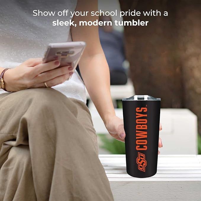 Campus Colors NCAA Stainless Steel Tumbler perfect for Gameday - 18 oz - Double Walled - Keeps Drinks Perfectly Insulated (Oklahoma State Cowboys - Black)