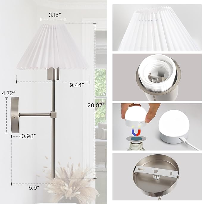 Wireless Wall Sconce Sets of 2, Pleated Shades Rechargeable Battery Operated - Image 5