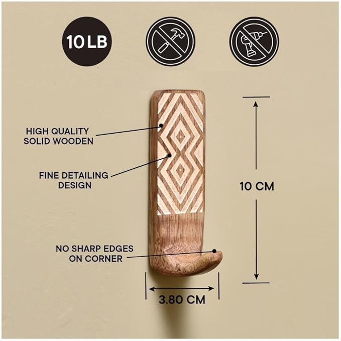 IndianShelf 10 LB- 6 Pieces Decorative Wood Adhesive Wall Hooks–Boho Peel and - Image 7