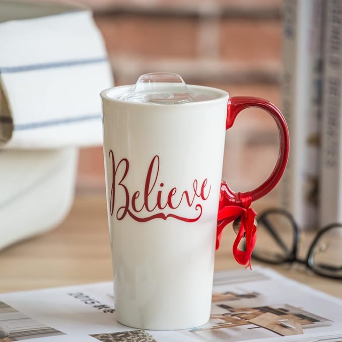Topadorn Christmas Ceramic Mug Porcelain Coffee Cup with Tritan Lid and Box,17 oz Bell Decorated (Believe)