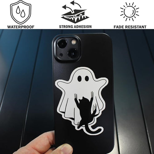 (10Pcs) Black Cat and Ghost Stickers Size 3'' Halloween Sticker Black Cat Spooky Vinyl Decal for Laptop, Water Bottle, Journal, Stanley Cup