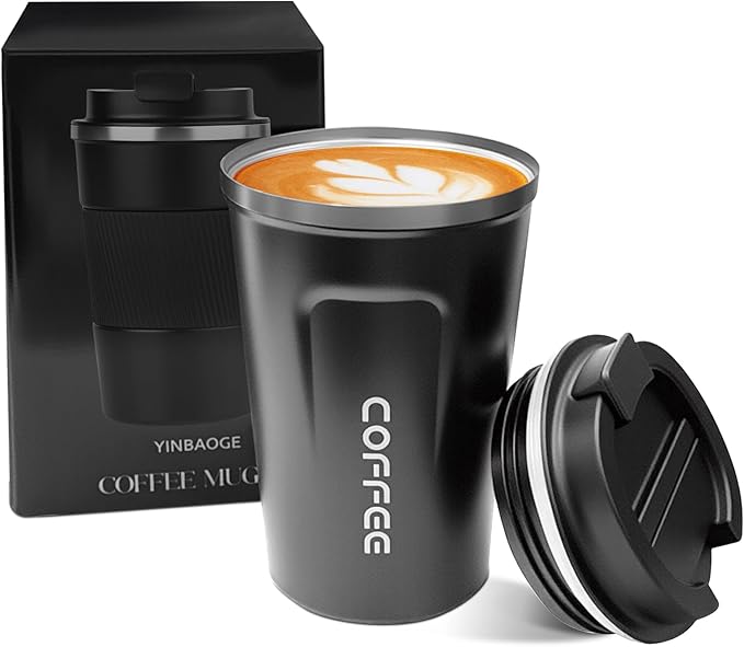 YINBAOGE Insulated Travel Coffee Mug, Spill & Leak Proof, Portable To Go Camping Stainless Steel Coffee Tumbler, Reusable Thermal Coffee Cup with Lid for Hot & Cold Drinks (2nd-Black, 12 OZ)