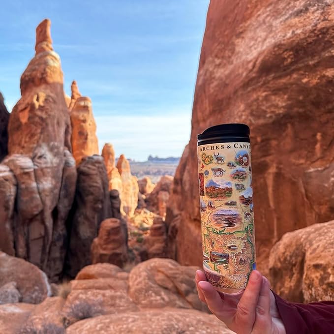 Xplorer Maps Arches & Canyonlands National Parks Map 16 Oz Travel Drinkware with Spill-Resistant Lid - Stainless Steel Vacuum Insulated Coffee Tumbler