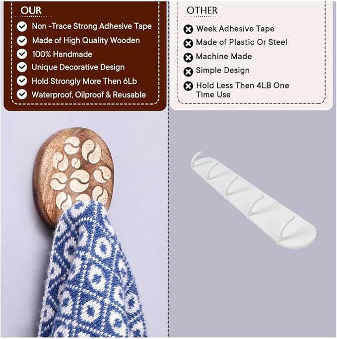 Indian Shelf 6 Lb- 6 Pieces Decorative Wood Adhesive Wall Hooks–Boho Peel and - Image 4