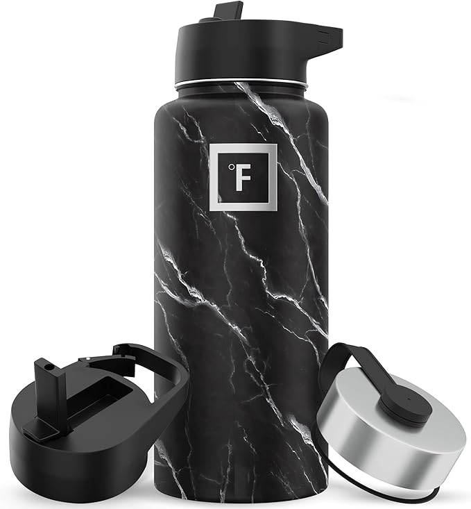 IRON °FLASK Camping & Hiking Hydration Flask with Straw, Wide Mouth Insulated Stainless Steel Sports Water Bottle - 32 oz Black Marquina