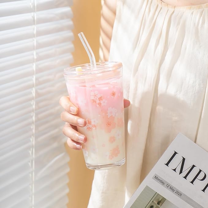 15oz Glass Tumbler with Glass Straw and Lid, Cute Iced Coffee Cups, Aesthetic Glass Cups, Coffee Tumbler, Water Cup, Matcha Cup, Drinking Glasses (Cherry blossom)