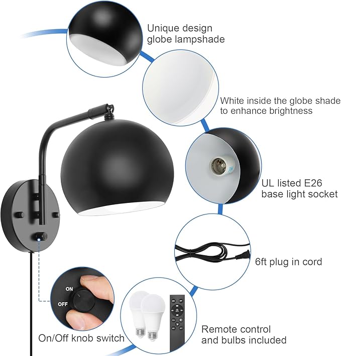 VATONI Wall Sconce with Remote Control, Dimmable Plug in Wall Sconces and - Image 4