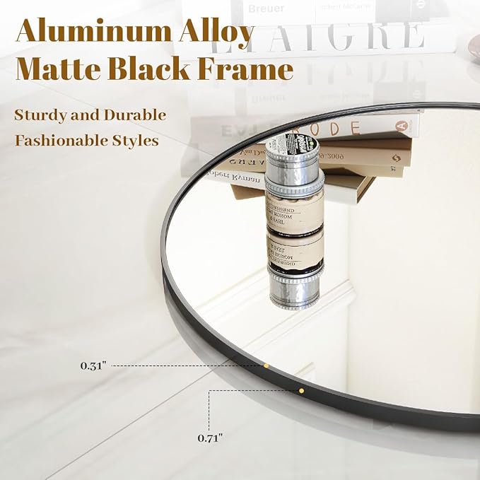 VooBang Black Round Bathroom Mirror, 24 inch Circle Wall Mounted Hanging Mirror - Image 2