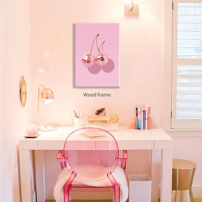 Funky Pink Cherry Poster Retro Disco Ball Canvas Wall Art 08x10 inch Framed - Image 3