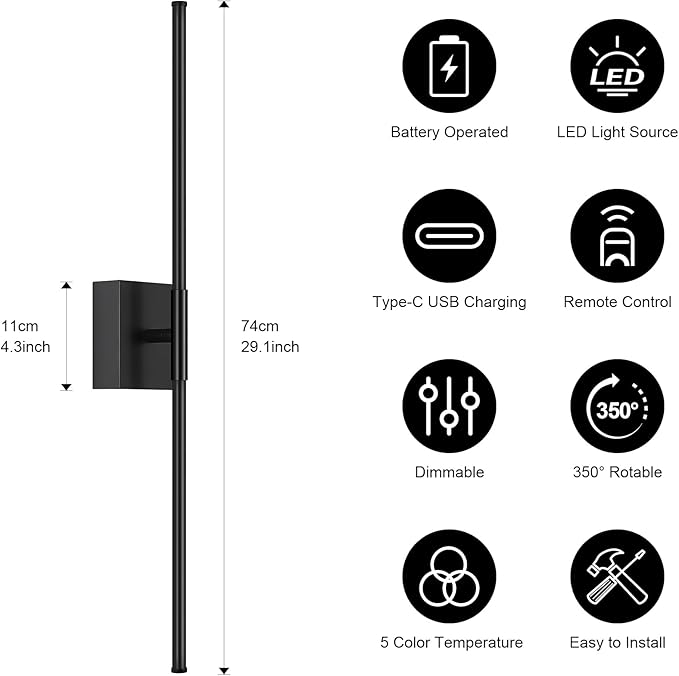 Battery Operated Wall Sconce, 3000K-6000K Dimmable Black Wall Lights - Image 5