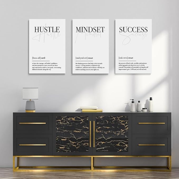 GUBIYU Hustle Mindset Success Wall Art Set of 3 Framed Canvas Black and White - Image 2