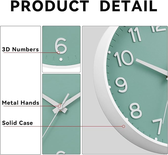 Roymnie Wall Clock Green, Silent Wall Clocks Battery Operated 8 Inch-Modern Non - Image 6