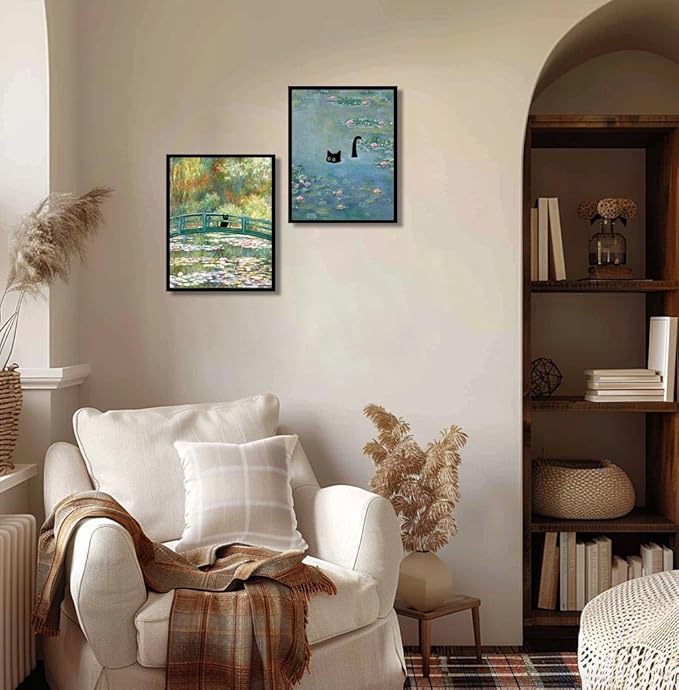 Hamduker Funny Black Cat Wall Art, Monet Art Water Lily Cat Wall Art Decor - Image 5