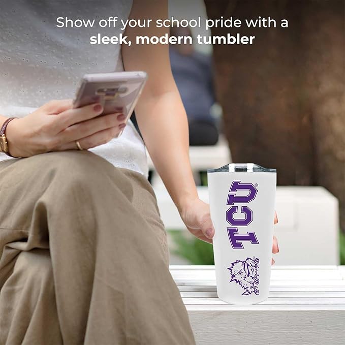 Campus Colors NCAA Stainless Steel Tumbler perfect for Gameday - 18 oz - Double Walled - Keeps Drinks Perfectly Insulated (TCU Horned Frogs - White)