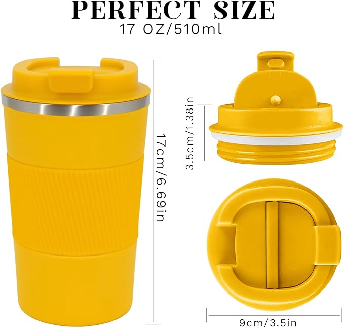 YINBAOGE Insulated Travel Coffee Mug, Spill & Leak Proof, Portable To Go Camping Stainless Steel Coffee Tumbler, Reusable Thermal Coffee Cup with Lid for Hot & Cold Drinks (Yellow, 17 OZ)