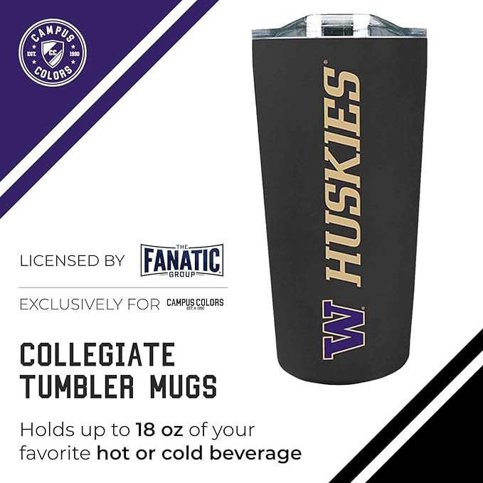 Campus Colors NCAA Stainless Steel Tumbler perfect for Gameday - 18 oz - Double Walled - Keeps Drinks Perfectly Insulated (Washington Huskies - Black)