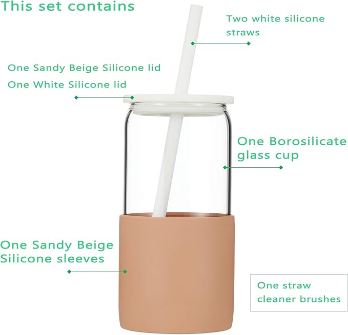 Sunseeke Glass Tumbler with Straw and Lid, 16oz Ice Coffee Cup, Silicone Sleeve Cleaning Brushes, Drinking Glasses for Water, Iced Coffee, Smoothie - BPA Free (Sandy Beige)