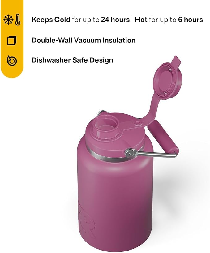 RTIC Half Gallon Outback Jug, Stainless Steel, Ceramic Lined Insulated Water Bottle with Lid and Handle, BPA-Free, Double Wall Vacuum Insulation, Orchid