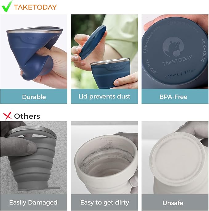 TakeToday 2PCS Collapsible Travel Cup - Silicone Foldable Water Cup, BPA-Free with Lid & Waterproof Bag - Drinking Cup Set for Camping, Outdoors & International Travel（8 Oz, Navy & Blue）