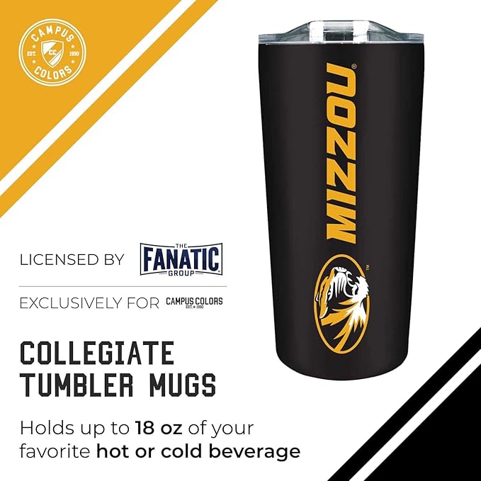 Campus Colors NCAA Stainless Steel Tumbler perfect for Gameday - 18 oz - Double Walled - Keeps Drinks Perfectly Insulated (Missouri Tigers - Black)