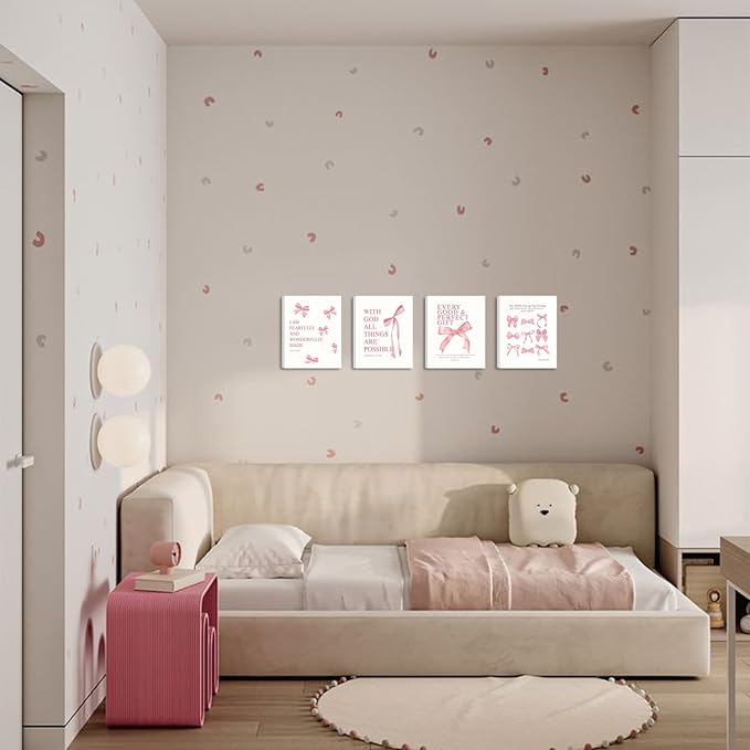 SEHSUVC Coquette Pink Bow Bible Verse Wall Art Set of 4, Christian Scripture - Image 9