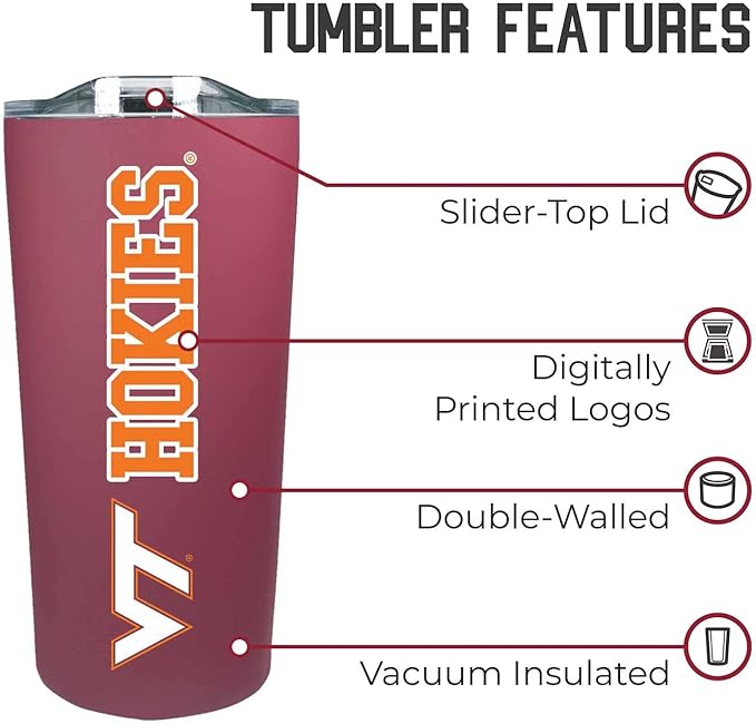 Campus Colors NCAA Stainless Steel Tumbler perfect for Gameday - 18 oz - Double Walled - Keeps Drinks Perfectly Insulated (Virginia Tech Hokies - Maroon)