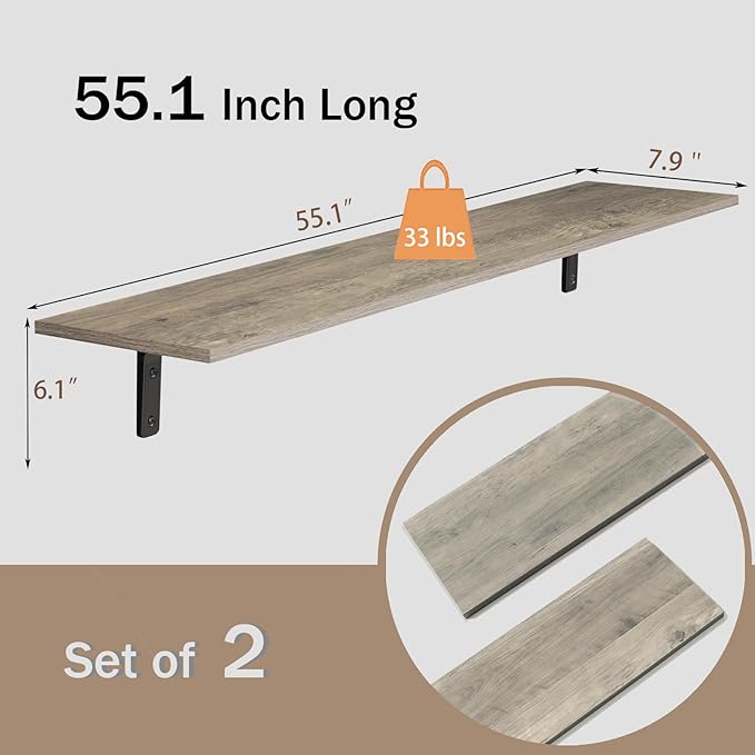DINZI LVJ Long Wall Shelves, 55.1Inch Wall Mounted Shelves Set of 2, Extra - Image 3