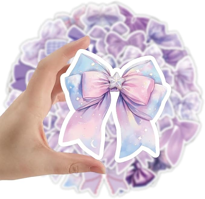 Purple Bow Stickers 55Pcs Vinyl Cute Aesthetic Bows Stickers for Water Bottle Scrapbook Laptop Luggage Helmet Bike Computer Motorcycle Skateboard,Waterproof Funny Trendy Decals for Teens Girls Women