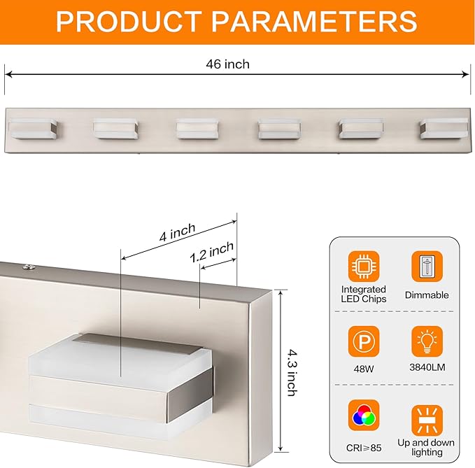 SOLFART LED Modern Bathroom Vanity Lights Over Mirror Fixture Brushed Nickel - Image 5