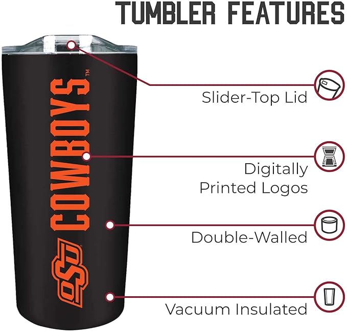 Campus Colors NCAA Stainless Steel Tumbler perfect for Gameday - 18 oz - Double Walled - Keeps Drinks Perfectly Insulated (Oklahoma State Cowboys - Black)