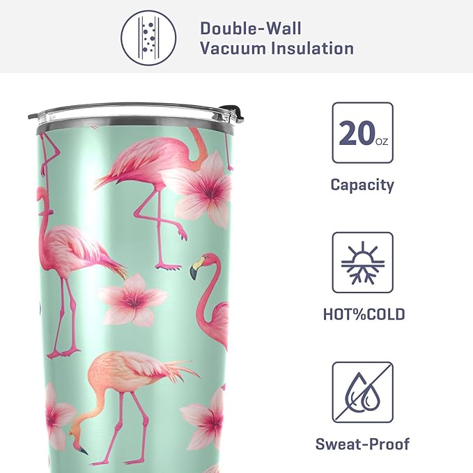 xigua 20oz Tumbler with Lid and Straw, Stainless Steel Vacuum Insulated Water Coffee Tumbler Cup, Beautiful Pink Flamingo Travel Mug Thermal Cup for Hot and Cold Drinks