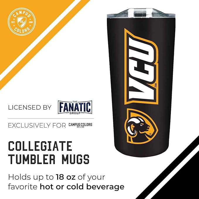 Campus Colors NCAA Stainless Steel Tumbler perfect for Gameday - 18 oz - Double Walled - Keeps Drinks Perfectly Insulated (VCU Rams - Black)